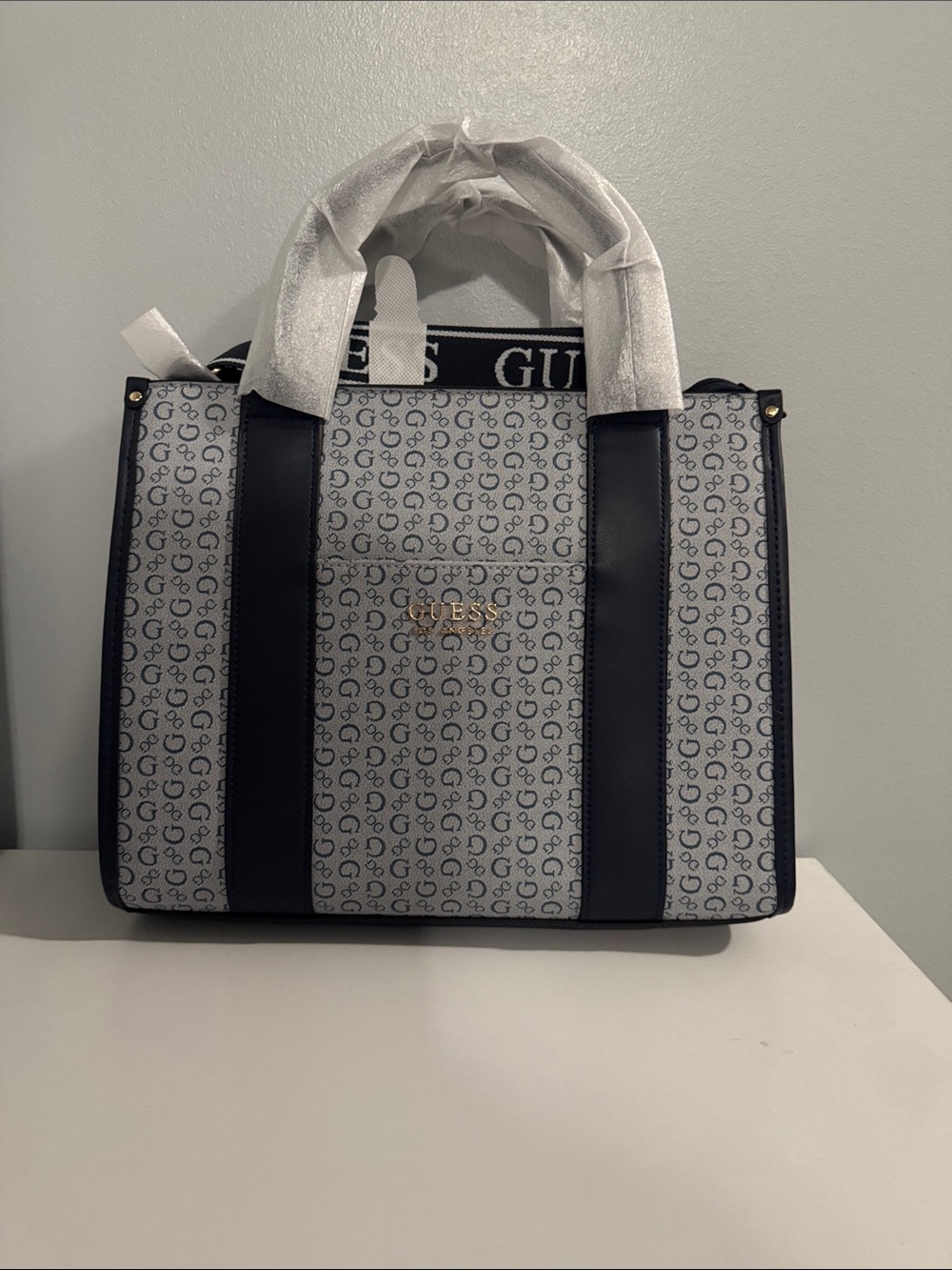 GUESS Navy and Gray Monogram Tote with Gold Logo
